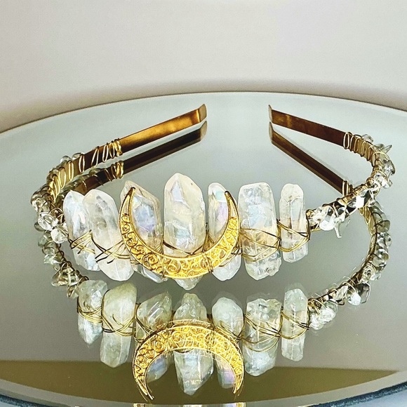 Gold and Light Iridescent Natural-Crystal Tiara Crescent Moon Crown - Picture 1 of 7